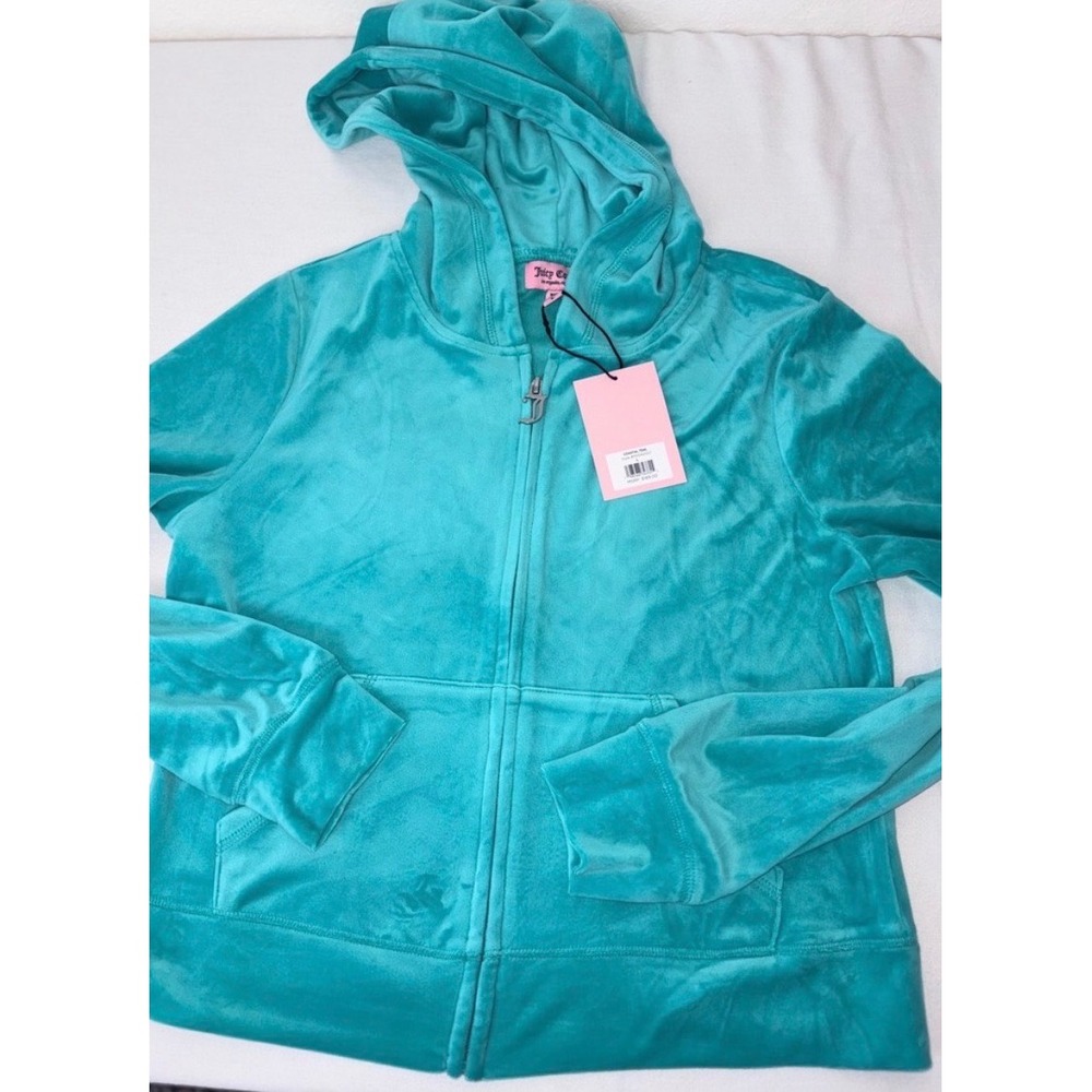 Juicy Couture Velour Hoodie Large Coastal Teal NEW Rhinestone Logo Zip Up